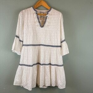 Tommy Bahama Womens White Cotton Tiered Mini Dress Blue Embroidered Tassel S/P